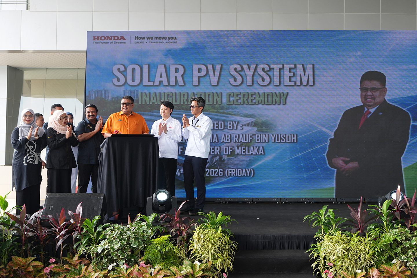 The Solar PV System Inauguration Ceremony is officiated by Yang Amat Berhormat Datuk Seri Utama Ab Rauf bin Yusoh, Chief Minister of Melaka.